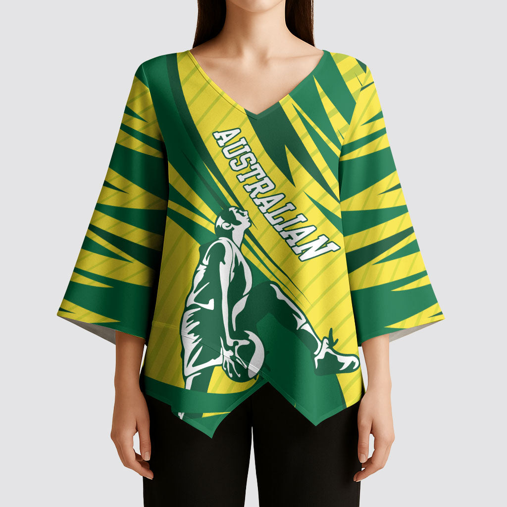 Australian Opals Basketball Kimono Sleeve Blouse Green and Gold Tribal Pattern Athletic Abstract Art