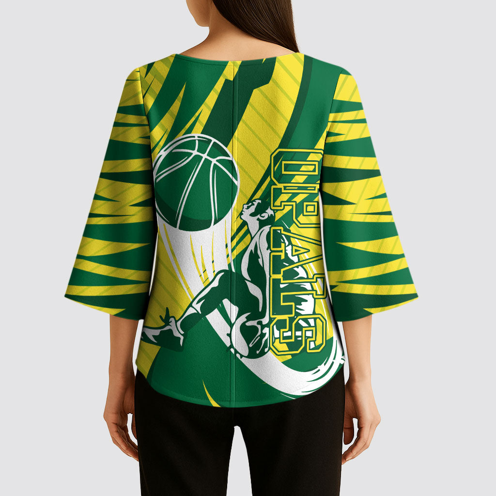 Australian Opals Basketball Kimono Sleeve Blouse Green and Gold Tribal Pattern Athletic Abstract Art