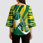 Australian Opals Basketball Kimono Sleeve Blouse Green and Gold Tribal Pattern Athletic Abstract Art