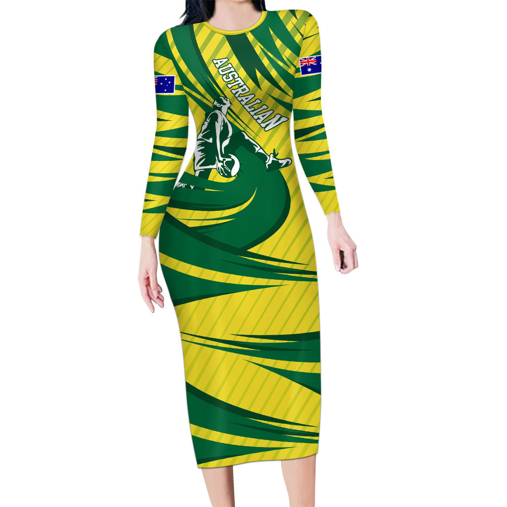 Australian Opals Basketball Long Sleeve Bodycon Dress Green and Gold Tribal Pattern Athletic Abstract Art
