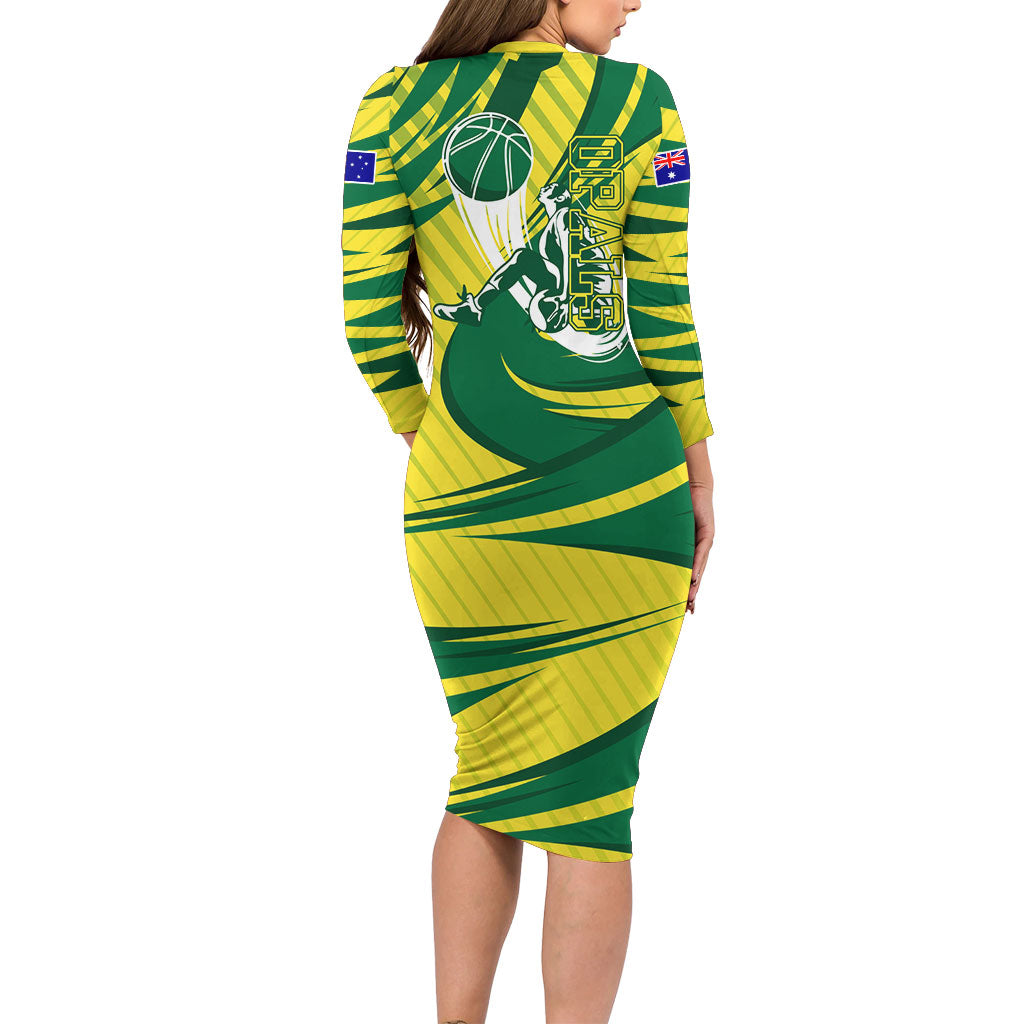 Australian Opals Basketball Long Sleeve Bodycon Dress Green and Gold Tribal Pattern Athletic Abstract Art
