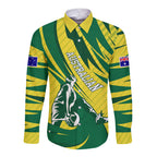 Australian Opals Basketball Long Sleeve Button Shirt Green and Gold Tribal Pattern Athletic Abstract Art