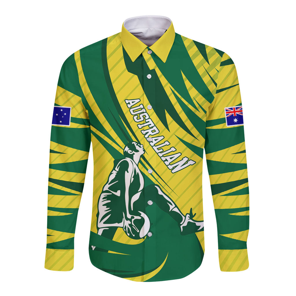 Australian Opals Basketball Long Sleeve Button Shirt Green and Gold Tribal Pattern Athletic Abstract Art