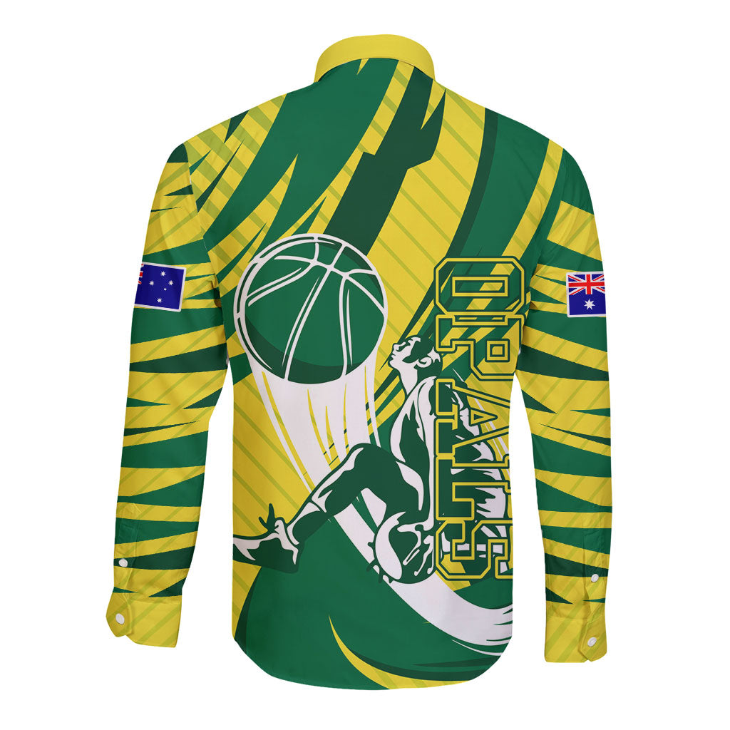 Australian Opals Basketball Long Sleeve Button Shirt Green and Gold Tribal Pattern Athletic Abstract Art