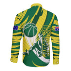 Australian Opals Basketball Long Sleeve Button Shirt Green and Gold Tribal Pattern Athletic Abstract Art
