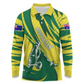 Australian Opals Basketball Long Sleeve Polo Shirt Green and Gold Tribal Pattern Athletic Abstract Art