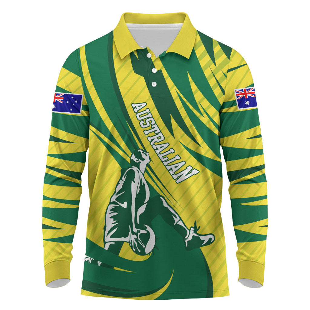 Australian Opals Basketball Long Sleeve Polo Shirt Green and Gold Tribal Pattern Athletic Abstract Art