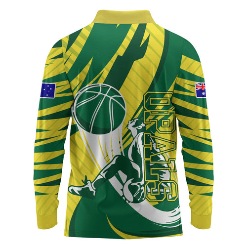 Australian Opals Basketball Long Sleeve Polo Shirt Green and Gold Tribal Pattern Athletic Abstract Art