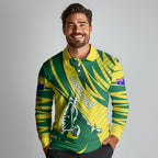 Australian Opals Basketball Long Sleeve Polo Shirt Green and Gold Tribal Pattern Athletic Abstract Art
