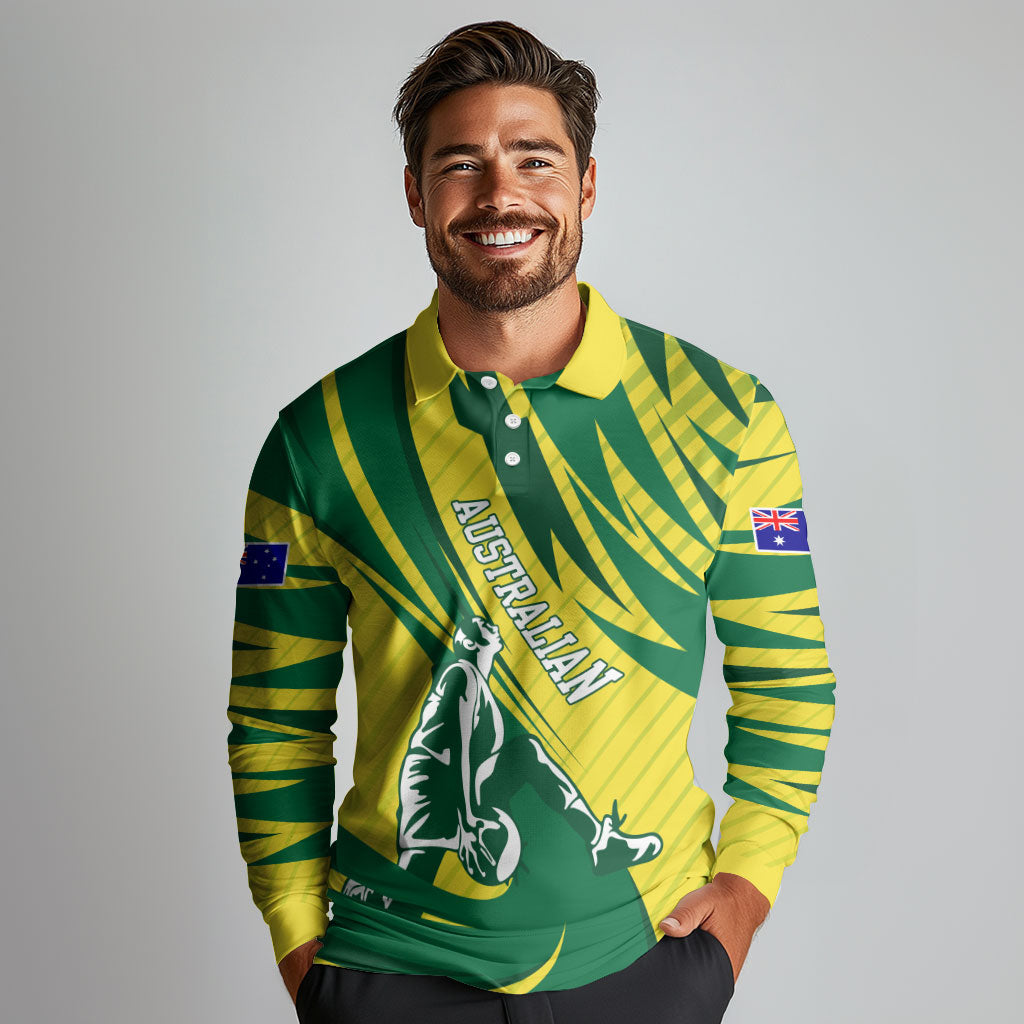 Australian Opals Basketball Long Sleeve Polo Shirt Green and Gold Tribal Pattern Athletic Abstract Art
