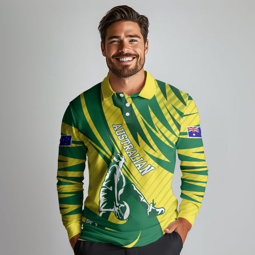 Australian Opals Basketball Long Sleeve Polo Shirt Green and Gold Tribal Pattern Athletic Abstract Art