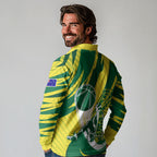 Australian Opals Basketball Long Sleeve Polo Shirt Green and Gold Tribal Pattern Athletic Abstract Art