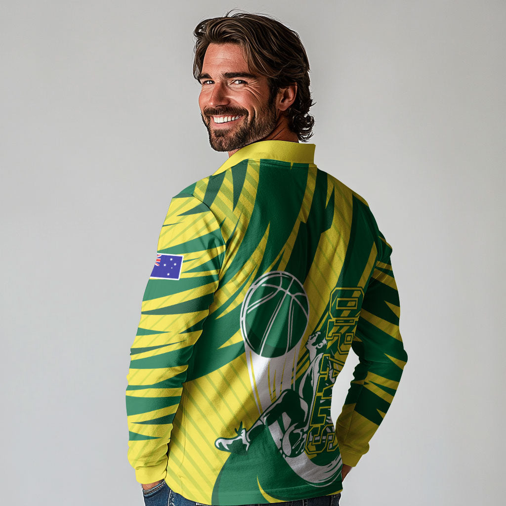Australian Opals Basketball Long Sleeve Polo Shirt Green and Gold Tribal Pattern Athletic Abstract Art