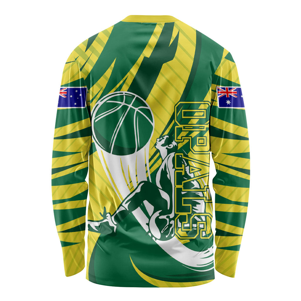 Australian Opals Basketball Long Sleeve Shirt Green and Gold Tribal Pattern Athletic Abstract Art