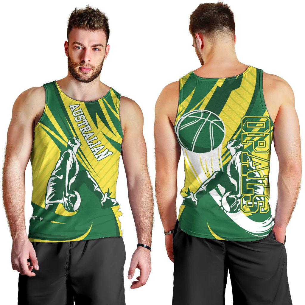 Australian Opals Basketball Men Tank Top Green and Gold Tribal Pattern Athletic Abstract Art
