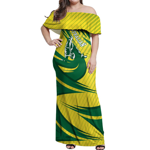 Australian Opals Basketball Off Shoulder Maxi Dress Green and Gold Tribal Pattern Athletic Abstract Art