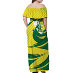Australian Opals Basketball Off Shoulder Maxi Dress Green and Gold Tribal Pattern Athletic Abstract Art