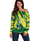 Australian Opals Basketball Off Shoulder Sweater Green and Gold Tribal Pattern Athletic Abstract Art