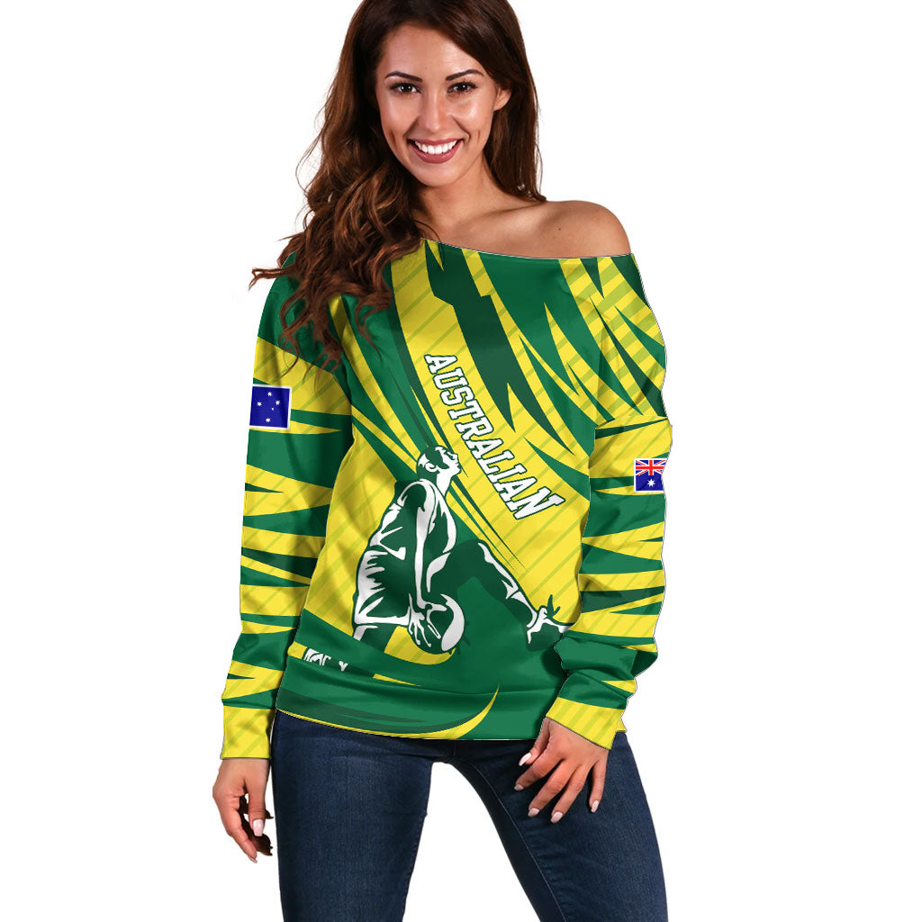 Australian Opals Basketball Off Shoulder Sweater Green and Gold Tribal Pattern Athletic Abstract Art