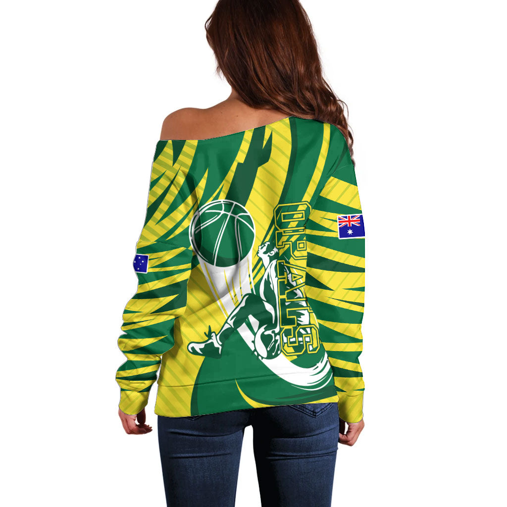 Australian Opals Basketball Off Shoulder Sweater Green and Gold Tribal Pattern Athletic Abstract Art
