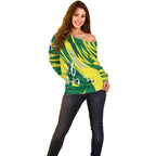 Australian Opals Basketball Off Shoulder Sweater Green and Gold Tribal Pattern Athletic Abstract Art