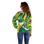 Australian Opals Basketball Off Shoulder Sweater Green and Gold Tribal Pattern Athletic Abstract Art