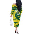 Australian Opals Basketball Off The Shoulder Long Sleeve Dress Green and Gold Tribal Pattern Athletic Abstract Art