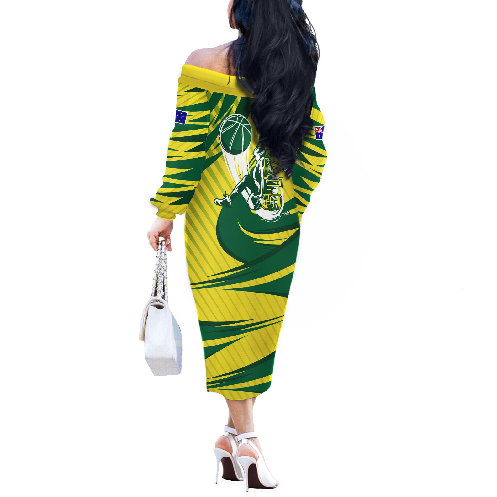 Australian Opals Basketball Off The Shoulder Long Sleeve Dress Green and Gold Tribal Pattern Athletic Abstract Art
