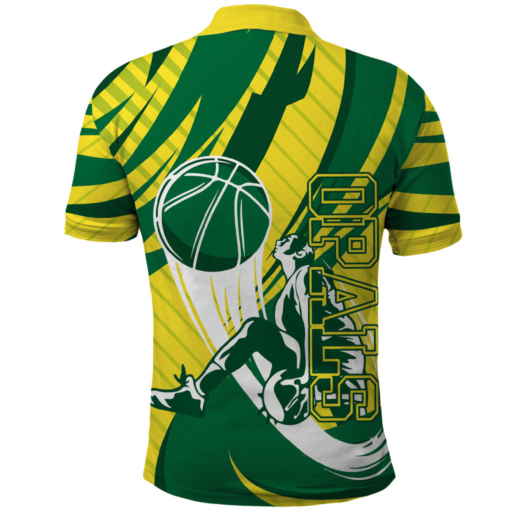 Australian Opals Basketball Polo Shirt Green and Gold Tribal Pattern Athletic Abstract Art
