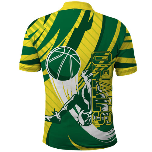 Australian Opals Basketball Polo Shirt Green and Gold Tribal Pattern Athletic Abstract Art