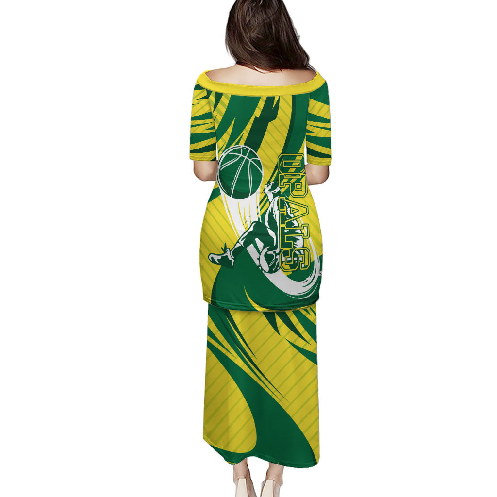 Australian Opals Basketball Puletasi Green and Gold Tribal Pattern Athletic Abstract Art