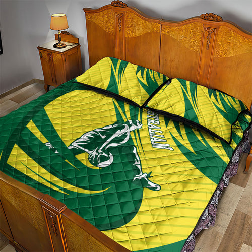 Australian Opals Basketball Quilt Bed Set Green and Gold Tribal Pattern Athletic Abstract Art