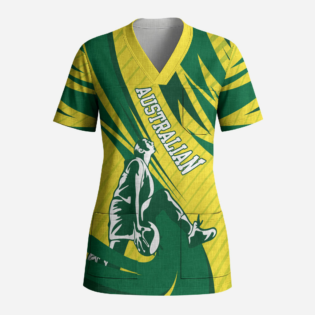 Australian Opals Basketball Scrub Top Green and Gold Tribal Pattern Athletic Abstract Art