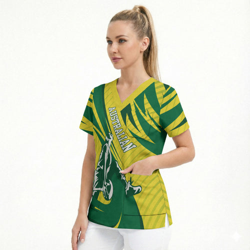 Australian Opals Basketball Scrub Top Green and Gold Tribal Pattern Athletic Abstract Art