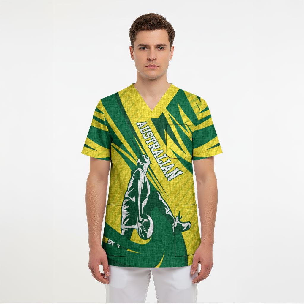 Australian Opals Basketball Scrub Top Green and Gold Tribal Pattern Athletic Abstract Art