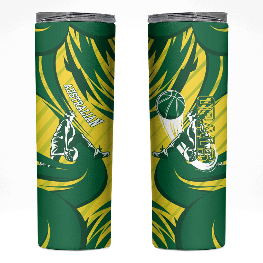 Australian Opals Basketball Skinny Tumbler Green and Gold Tribal Pattern Athletic Abstract Art