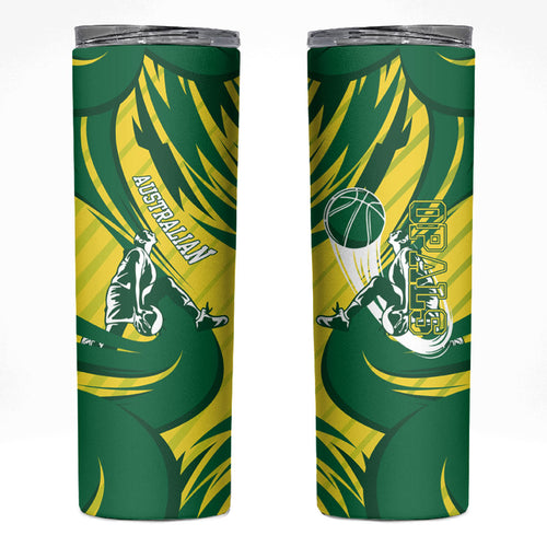 Australian Opals Basketball Skinny Tumbler Green and Gold Tribal Pattern Athletic Abstract Art