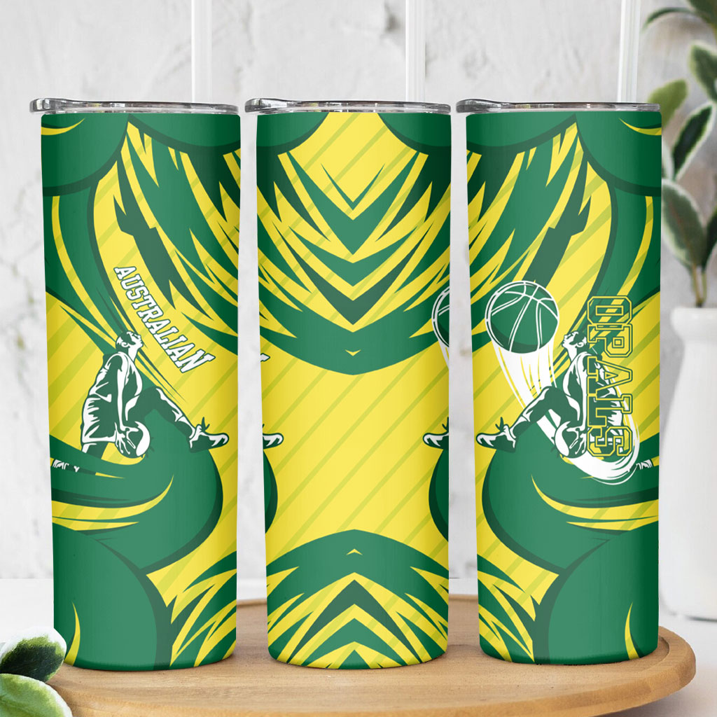 Australian Opals Basketball Skinny Tumbler Green and Gold Tribal Pattern Athletic Abstract Art