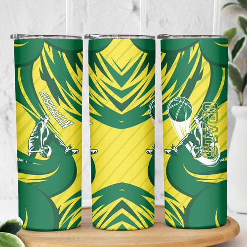 Australian Opals Basketball Skinny Tumbler Green and Gold Tribal Pattern Athletic Abstract Art