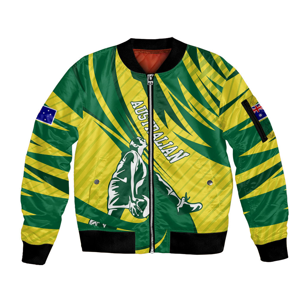 Australian Opals Basketball Sleeve Zip Bomber Jacket Green and Gold Tribal Pattern Athletic Abstract Art