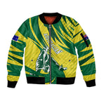 Australian Opals Basketball Sleeve Zip Bomber Jacket Green and Gold Tribal Pattern Athletic Abstract Art