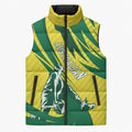 Australian Opals Basketball Sleeveless Puffer Jacket Green and Gold Tribal Pattern Athletic Abstract Art