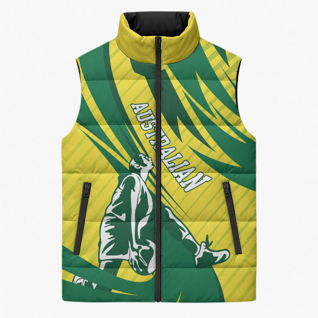 Australian Opals Basketball Sleeveless Puffer Jacket Green and Gold Tribal Pattern Athletic Abstract Art
