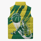 Australian Opals Basketball Sleeveless Puffer Jacket Green and Gold Tribal Pattern Athletic Abstract Art