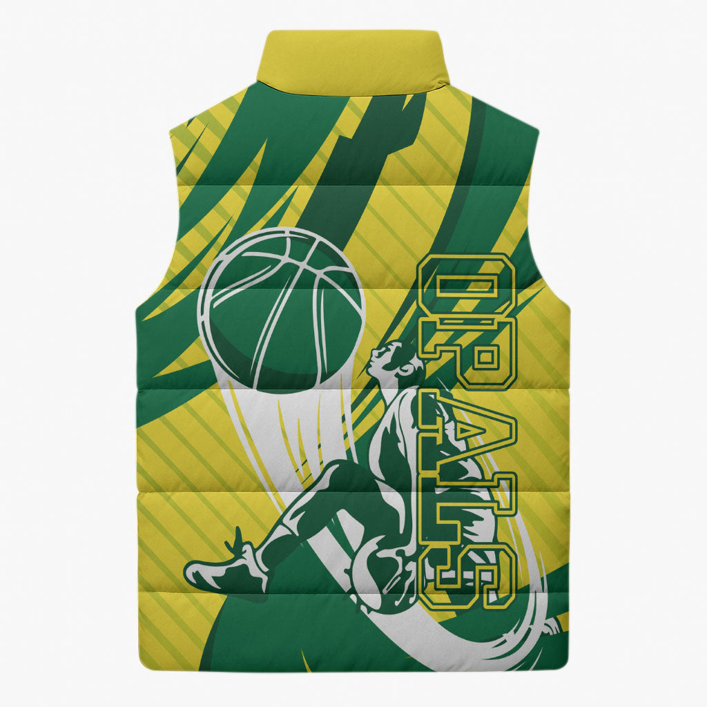 Australian Opals Basketball Sleeveless Puffer Jacket Green and Gold Tribal Pattern Athletic Abstract Art