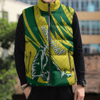 Australian Opals Basketball Sleeveless Puffer Jacket Green and Gold Tribal Pattern Athletic Abstract Art
