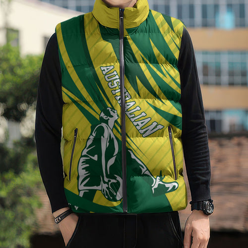 Australian Opals Basketball Sleeveless Puffer Jacket Green and Gold Tribal Pattern Athletic Abstract Art