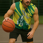 Australian Opals Basketball Sleeveless Zip Hoodie Green and Gold Tribal Pattern Athletic Abstract Art