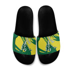 Australian Opals Basketball Slide Sandals Green and Gold Tribal Pattern Athletic Abstract Art