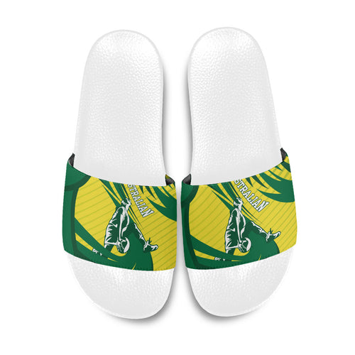 Australian Opals Basketball Slide Sandals Green and Gold Tribal Pattern Athletic Abstract Art